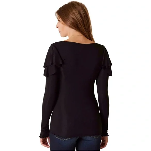 We The Free On Rewind Jersey Knit Top Black Large Tiered Ruffle Sleeve - Picture 2 of 7